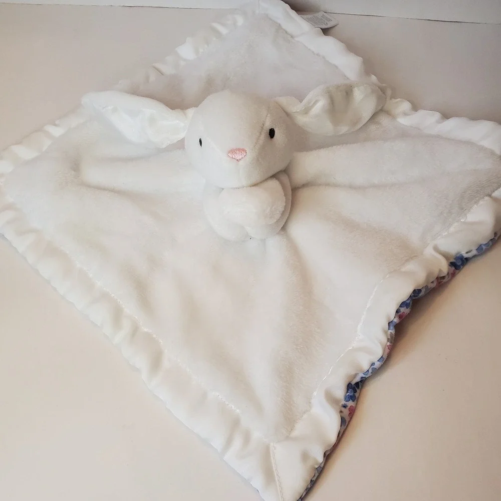 Carters White Bunny Rabbit Lovey Security Blanket Easter Floral Spring Satin Bab
